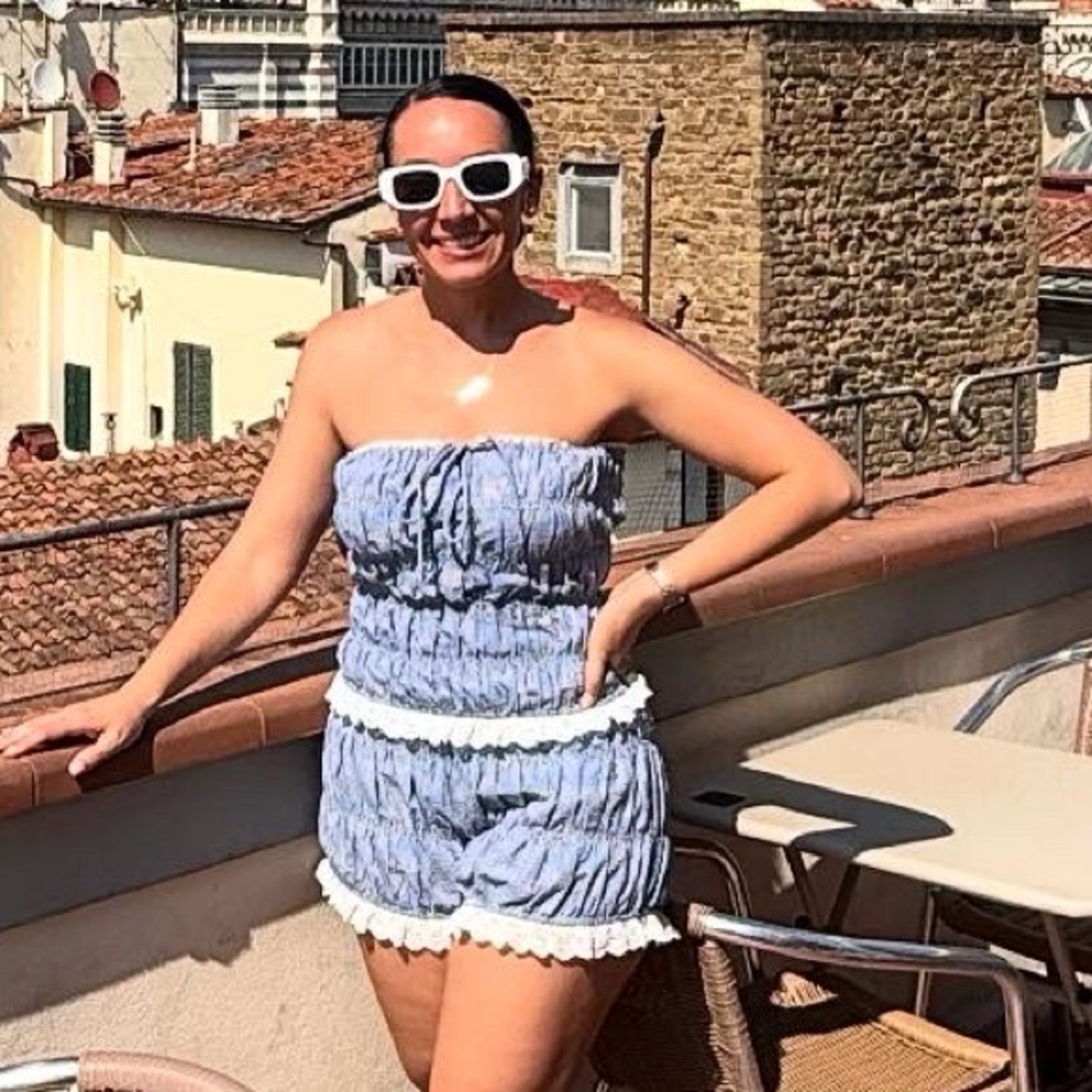 Blue Strapless Top & Shorts with White Lace Trim